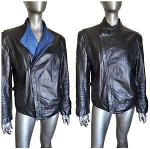 89B. Wilson's Black Leather Jacket with Blue Lining and Collar Trim - Size 42
